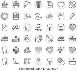 Editable thin line isolated vector icon set - heart, medical cross vector, label, patch, pill, pills blister, hospital, tomography, anamnesis, broken hand, dropper, tooth, real estate, uv cream, bed