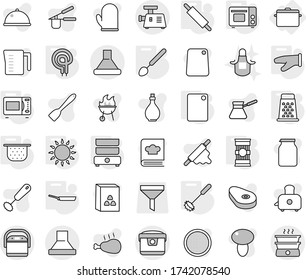 Editable thin line isolated vector icon set - pan, colander, cook glove, whisk, big spoon, rolling pin, cutting board, microwave oven, grill, gas, elecric, double boiler, grater, pasta, apron, press