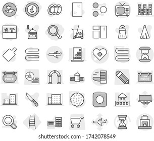 Editable thin line isolated vector icon set - magnifier, tools, info, pacemaker vector, cottage, palace, arch, sand clock, plane, hotel, stairs, towel, cookies, cleaner trolley, window cleaning, tv