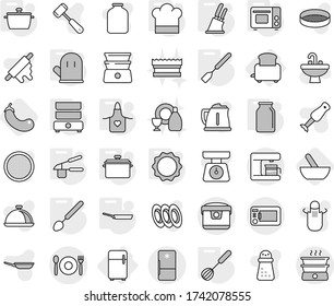 Editable thin line isolated vector icon set - cafe, fridge, toaster, pan, cook hat, apron, glove, garlic clasp, whisk, spatula, big spoon, knife holder, grill oven, induction, double boiler, bank