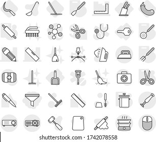 Editable thin line isolated vector icon set - funnel, ruler, pencil, level, key, scoop, stands for knives, drawing pen vector, pan, skimmer, spatula, big fork, scissors, rolling pin, rake, sickle