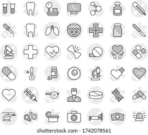 Editable thin line isolated vector icon set - medical cross vector, heart pulse, bandaged head, thermometer, syringe, pill, microscope, hospital bed, ambulance helicopter, hat, lungs, health care