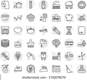 Editable thin line isolated vector icon set - syringe vector, pill, church, bus, lounger, do not distrub, pan, kitchen scales, pancakes, rain cloud, hive, garden, fetlock, iron, steaming, broom, tie