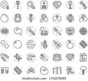 Editable thin line isolated vector icon set - heart, medical thermometer vector, label, ambulance helicopter, monitor pulse, apple, lungs, intestines, heavy, warehouse scales, hand leaf, carrot, run
