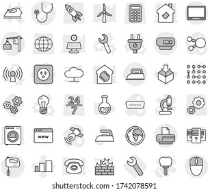 Editable thin line isolated vector icon set - stethoscope vector, smart house, loading, power socket, bulb, plug, antenna, wrench, circuit, gears, iron, flask, earth, package, sorting, rocket, globe