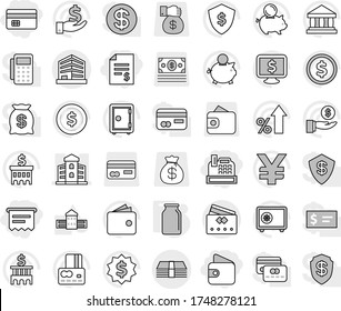 Editable thin line isolated vector icon set - credit card, account balance, wallet, cashbox, atm receipt, building, office, money, bank, school vector, dollar coin, percent growth, piggy, investment