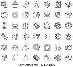 Editable thin line isolated vector icon set - dollar pin, balloon, info, crutch vector, medical flag, goverment house, drawing compasses, route, disco ball, barometer, inflatable pool, hair dryer