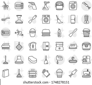 Editable thin line isolated vector icon set - hanger, iron, washing machine, fridge, coffee maker, rag, bucket, plunger vector, water tap, mop, sponge, car fetlock, powder, rubber glove, broom, foam