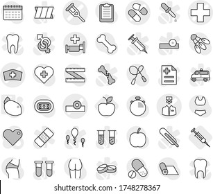 Editable thin line isolated vector icon set - medical cross vector, crutch, pill, head reflector, hat, doctor, hospital, lemon, apple, syringe, diet, measuring, stopwatch, clipboard, jump rope, bone