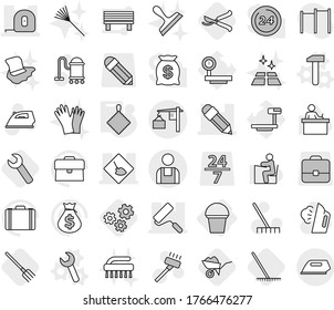 Editable thin line isolated vector icon set - under construction, pencil, measuring tape, repair, loading, workman, bucket, hammer vector, wrench, rag, fork, rake, wheelbarrow, gears, pruner, iron