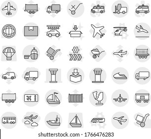 Editable thin line isolated vector icon set - delivery, journey, airport tower, plane, sea shipping, truck, port, package box, do not trolley sign, fork loader, railroad, broken, bus, sail boat
