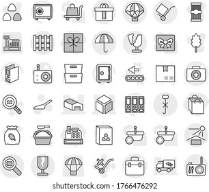 Editable thin line isolated vector icon set - gift, shopping bag, cashbox, doctor vector, case, warehouse, 3d, fragile, trolley, dry cargo, sun potection, do not hook sign, hi quality package, scoop