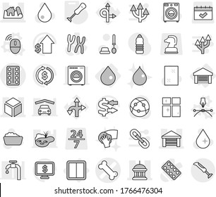 Editable thin line isolated vector icon set - pills blister vector, bone, project, goverment house, garage, 3d, drop, power switch, wireless mouse, drawing pen, blender, water, window cleaning, 24 7
