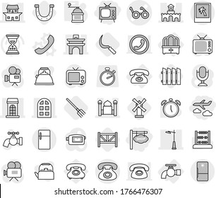 Editable thin line isolated vector icon set - shop signboard, journey, tv, pacemaker vector, arch, building, minaret, japanese house, fort, window, outdoor light, phone, photo, water tap, dresser