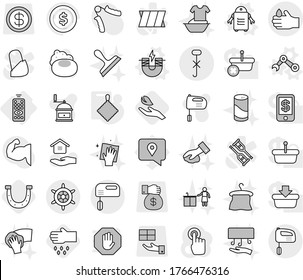 Editable thin line isolated vector icon set - do not hook sign, acid, handwheel, remote control, electric magnet vector, robot hand, rag, horseshoe, leaf, sow, soap, house hold, wiping, scraper