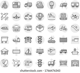Editable thin line isolated vector icon set - box, bike, ambulance car vector, helicopter, gas station, traffic light, plane, consolidated cargo, warehouse, railroad shipping, transporter tape, boat