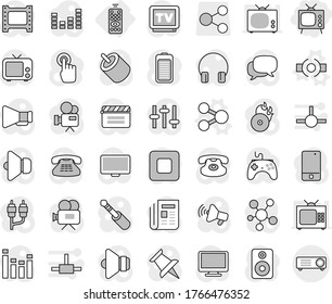 Editable thin line isolated vector icon set - tv, remote control, share vector, connect, cinema clap, film frame, music hit, newspaper, speaker, loudspeaker, gamepad, settings, equalizer, dialog