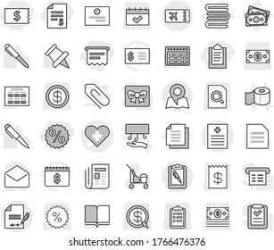 Editable thin line isolated vector icon set - clipboard, account balance, receipt, percent, atm, heart cross vector, recipe, pen, inventory, ticket, map, towels, cleaner trolley, toilet paper, book