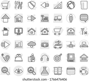 Editable thin line isolated vector icon set - cart, right arrow, flask vector, eye, house, route, sms, transfer, chest of drawers, shield, no signal, pan, kettle, measuring cup, pasta, corner ruler