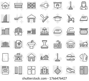 Editable thin line isolated vector icon set - mansion, skyscrapers, skyscraper, warehouse, house with garage, building, presentation, brick wall, district, sink, key, dresser, fireplace, slippers