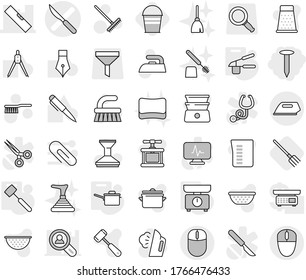 Editable Thin Line Isolated Vector Icon Set - Nail, Scalpel Vector, Level, Saute Pan, Kitchen Scales, Garlic Clasp, Meat Hammer, Fork, Bucket, Fetlock, Rake, Car, Iron, Steaming, Broom, Sponge, Pen