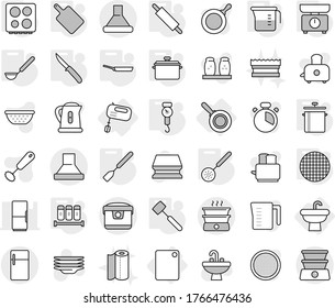 Editable thin line isolated vector icon set - sink, mixer, cutting board, pan, measuring cup, kitchen scales, handle, skimmer, spatula, ladle, knife, rolling pin, meat hammer, hob, spices, sieve