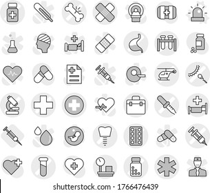 Editable thin line isolated vector icon set - doctor bag vector, medical cross, ambulance star, syringe, pipette, broken bone, patch, pills bottle, blister, test vial, microscope, helicopter, sperm