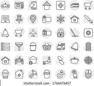 Editable thin line isolated vector icon set - cart, delete, smart house, trip, geo pin, train, first aid, handwheel, locked, ring button, bell, link vector, battery, pan, grill oven, rake, bucket