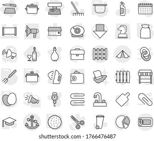 Editable thin line isolated vector icon set - market scales, fence, pallet, anchor, tent, cutting board, web camera vector, pan, colander, big fork, flour, eggs, cookies, wine, rake, towel, steaming