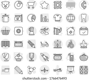 Editable thin line isolated vector icon set - cart, basket, bar code, journey, tooth vector, smart house, globe, terms, fragile, rocket, broken, plane, detector, invalid, ring button, oil pump, pan