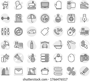 Editable thin line isolated vector icon set - store, crutch vector, microbe, phone 24, car shipping, dry cargo, bath, towel, pan, cook glove, cutting board, bbq, egg, pen, piggy bank, dollar cursor