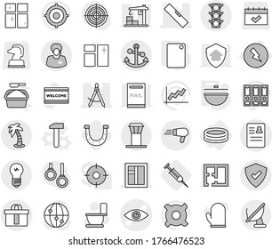 Editable thin line isolated vector icon set - eye vector, anamnesis, draw compass, window, level, traffic light, support manager, protected, hi quality package, anchor, airport tower, palm, hammer