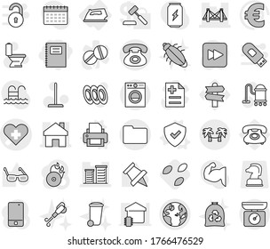 Editable thin line isolated vector icon set - copybook, heart cross vector, bridge, home, district, globe, phone, documents, palm hammock, iron, printer, shield, seeds, vacuum cleaner, mop, toilet