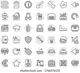 Editable thin line isolated vector icon set - star, left arrow, factory, lock, taxi, arrival, service bell, fridge, satellite antenna vector, towel, cutting board, spikelets, pig, house, trash bin