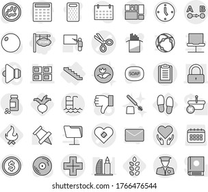 Editable thin line isolated vector icon set - store signboard, scissors vector, health care, pacemaker, cross, panel house, lock, route a to b, consolidated cargo, clipboard, security man, pool
