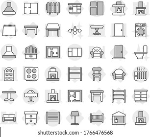 Editable thin line isolated vector icon set - door, arch window, plan, rack, restaurant, curtain, table, nightstand, chest of drawers, wardrobe, dresser, stool, chair, armchair, crib, fireplace, hob