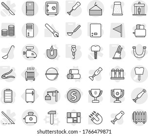 Editable thin line isolated vector icon set - dollar coin, tooth implant vector, loading, crane, detector, safe, radiator, fridge, magnet, pipes, hammer, kitchen scales, handle, walnut crack, ladle