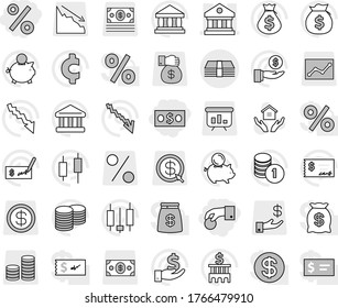 Editable thin line isolated vector icon set - hand coin, money, percent, library, house hold vector, bank, japanese candle, crisis, bag, piggy, investment, stack, check, building, cent sign, dollar