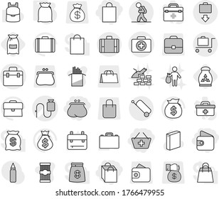 Editable thin line isolated vector icon set - wallet, purse, add to basket, shopping bag, doctor vector, case, dropper, tourist, suitcase, baggage get, trolley, flour, fertilizer, washing powder