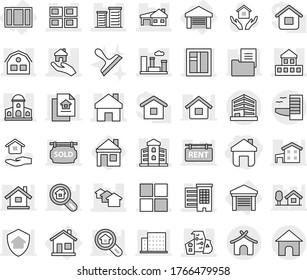 Editable thin line isolated vector icon set - home, cottage, houses, mansion, modern architecture, house with garage, panel, window, building, district, city, real estate, office, hotel, bungalow