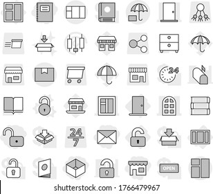 Editable thin line isolated vector icon set - unlock, shop, box, mail, copybook, window, door, arch, package, insurance, unlocked, vector, book, archive, japanese candle, office, umbrella, share