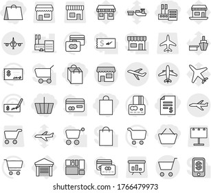 Editable thin line isolated vector icon set - basket, account balance, store, shopping bag, mall, plane, consolidated cargo, cart, airplane, shop, garage, vector, credit card, check, office, port