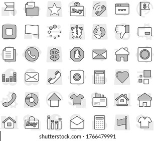 Editable thin line isolated vector icon set - phone, ring button, envelope vector, calculator, flag, arrow up, dollar, document, call, circle diagram, alarm clock, star, heart, equalizer, mail, stop
