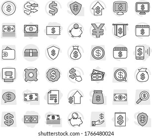 Editable thin line isolated vector icon set - money, account balance, receipt, mobile pay, atm, exchange vector, dollar coin, bag, piggy bank, growth, medal, flag, shield, calendar, monitor, cursor