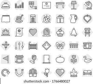 Editable thin line isolated vector icon set - bow, heart, equalizer, bridge, building, door, flower bed, perishable, disco ball, pendant, service bell, mirror, curtain, table, wardrobe, dresser, jug