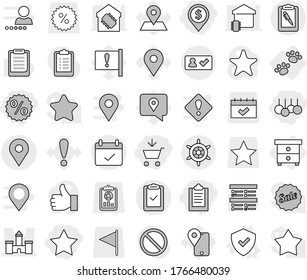 Editable thin line isolated vector icon set - add to cart, clipboard, dollar pin, percent, sale, star, castle, geo, terms, pen, check, in, handwheel, nightstand, pets, shield vector, exam, map, flag