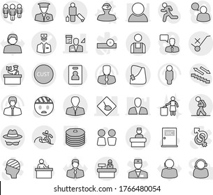 Editable thin line isolated vector icon set - broken hand vector, doctor, hospital recieption, under construction, architector, client, customs, do not trolley sign, security man, workman, tourist