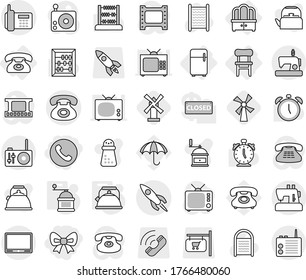 Editable thin line isolated vector icon set - bow, phone, rocket, dresser, chair, fridge, kettle, hand mill, windmill, washboard vector, alarm clock, abacus, umbrella, shop signboard, call, radio