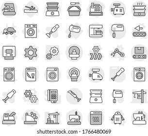 Editable thin line isolated vector icon set - cashbox, tomography vector, tower crane, transporter tape, atm, washing machine, mixer, gear, gears, conveyor, robot hand, blender, soil cutter, powder