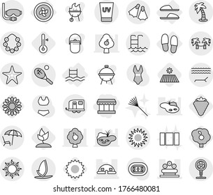 Editable thin line isolated vector icon set - market, dome house, flower bed, trailer, lounger, sun, uv cream, palm, hawaiian wreath, pool, starfish, flippers, diving mask, tennis, hammock, slippers